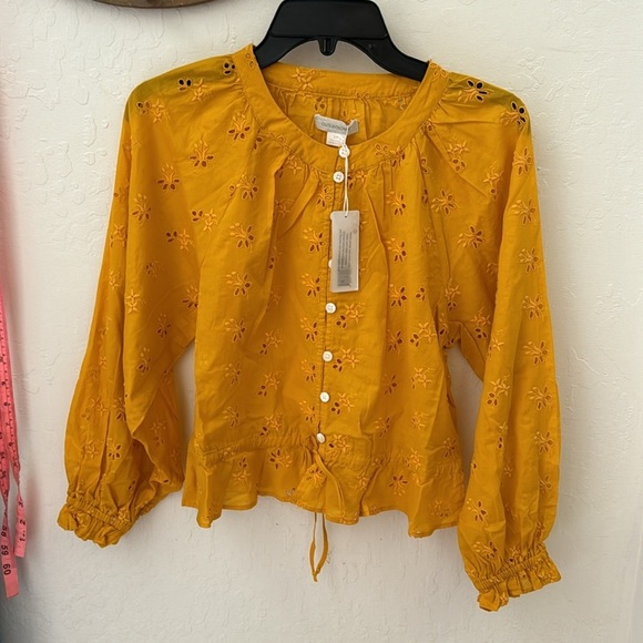 Outerknown Golden Yellow Poet Blouse Button Front Waist Tie Eyelet Small - Picture 2 of 4